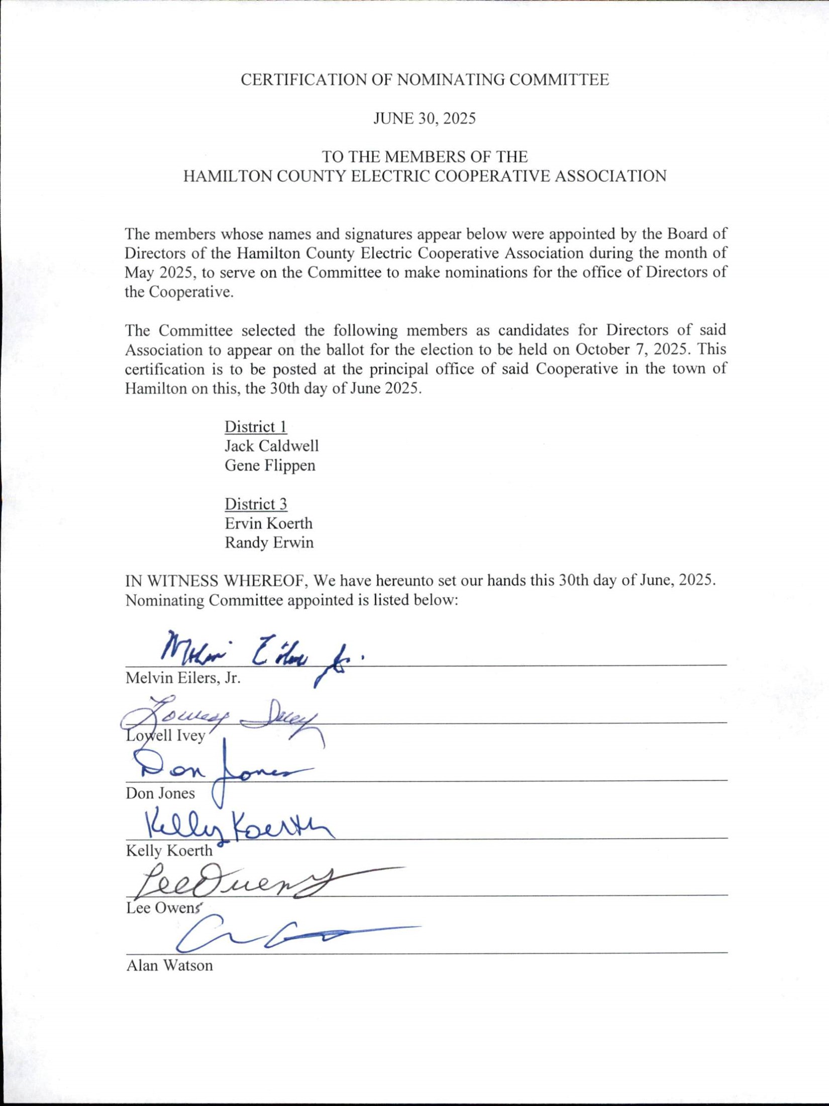 Certificationof Nominating Committee with signatures